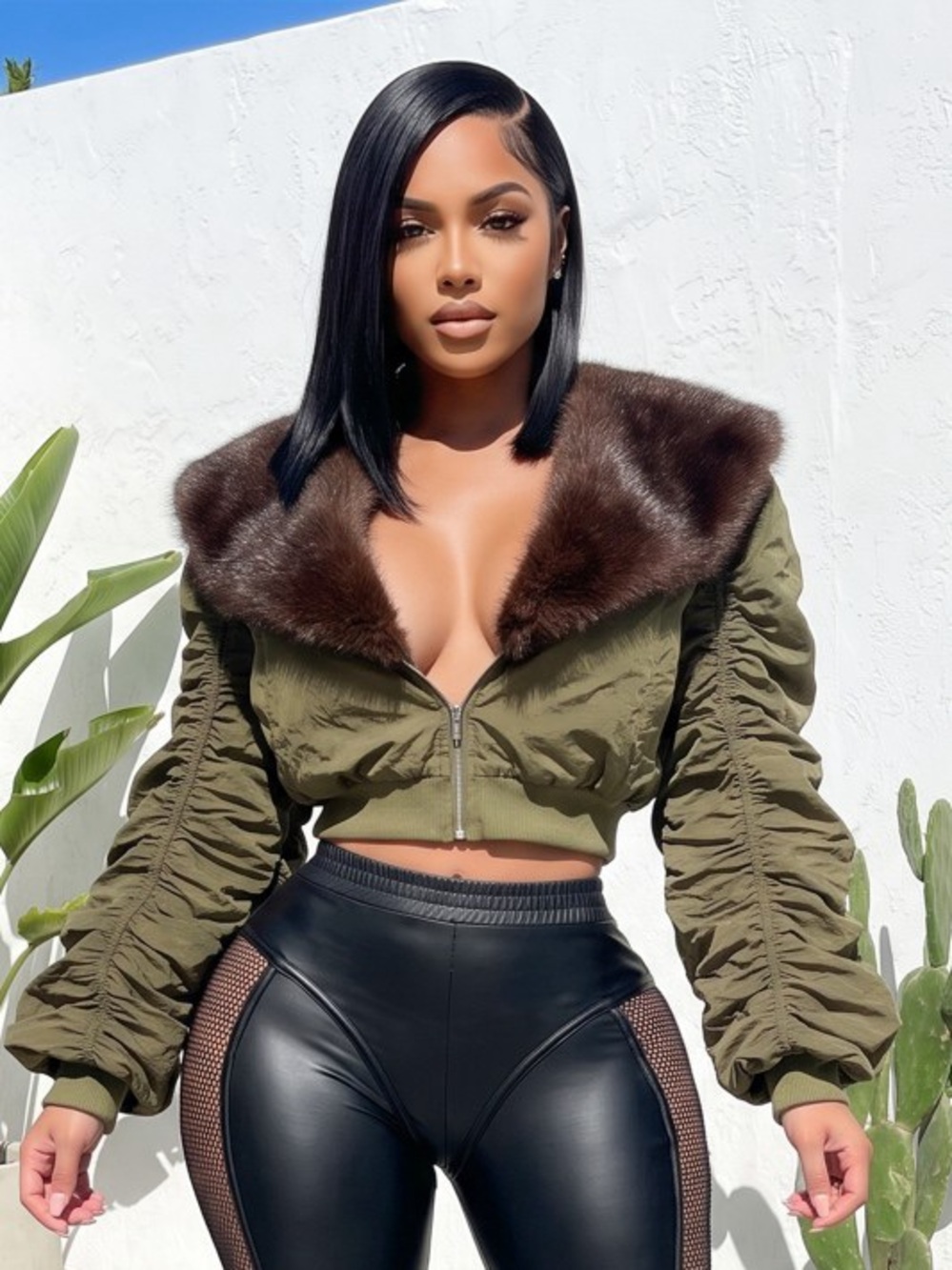 Olive Green Cropped Bomber Jacket with Faux Fur Collar  J-60477
